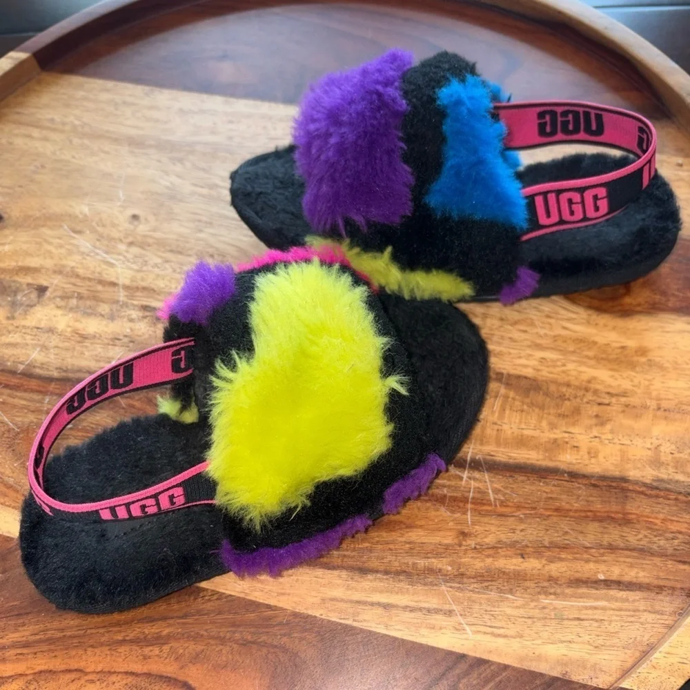 UGG Fluff Yeah Party Spots Fur Lined Slippers Sandals w/ Strap Toddlers Sz 9